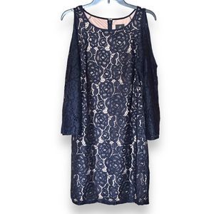 Adrianna Papell Lace Cold Shoulder Navy Nude Illusion Mini Dress Size 6